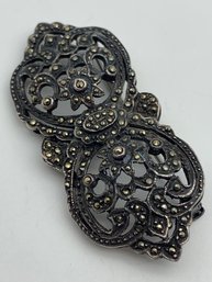 Victorian Style Sterling And Marcasite Layered Brooch, Marked 925, 2.25 Inch, 13g