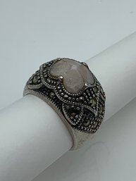 Marcasite Sterling Ring With Pebbled Texture And Unique Pyramid Shaped Stone, Marked 925, Size 7, 9.2g