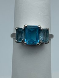 Triple Blue Emerald Cut Gemstone Sterling Silver Ring, Marked RJC 925, Size 7, 3.3g