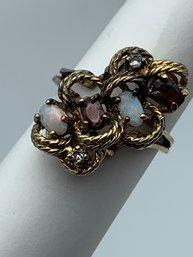 Sterling, Opal, Garnet And Clear Gemstone Ring, Marked Sterling, Size 8, 4.8g