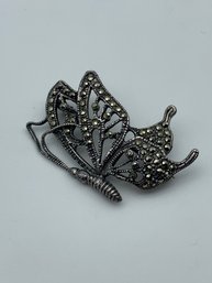 Sweet Sterling Silver And Marcasite Butterfly Profile Pin/Brooch, Marked 925, 2.75 Inches, 6.9g