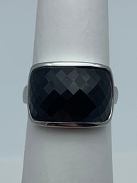 Multifaceted Large Black Stone Statement Ring, Sterling Silver, Marked 925 Size 9, 7.2g