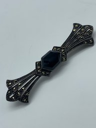 Sterling Victorian Style Pin With Onyx And Marcasite Accents, Marked 925, 2.25 Inches, 7.2g