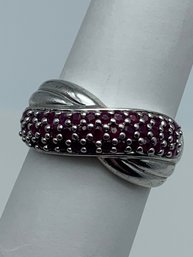 Vibrant Bypass Style Silver Ring With Magenta Pave Set Stones, Marked 925, Size 10, 7.9g