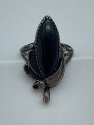 Sterling Ring With Bale/ Pendant Loop, Leaf-wrapped Oval Onyx Stone, Marked Sterling, Size 7, 4.7g