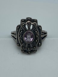 Romantic Vintage Sterling Silver And Marcasite Ring, With Amethyst Center Stone, Marked 925,size 8.5, 4.7g