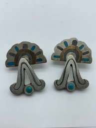 Signed Artisan Made Sterling Silver Earrings, Turquoise, Swivel, Dangle, Made In Mexico, 1.25 Inch, 15.1g