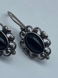 Oval Onyx Sterling Silver Earrings With Scrolling And Hearts On Setting, Marked 925, 1.25 Inches, 5.7g