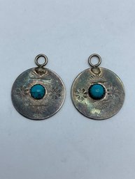 Southwestern Style Round Sterling & Turquoise Charms Or Earrings (add Hooks) Makers Mark, 3/4-Inch, 3.5g