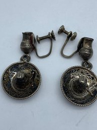 Jericho MEXICO Sombrero & Pottery Pendant Screw-Back Sterling Earrings, Marked 925, AAM, 1.5 Inch, 7.6g