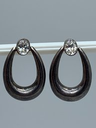 Large Sterling Dangle Hoop Earrings With Clear Stone Oval Posts, Marked 925 Taiwan, 1.5 Inch, 8.6g