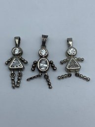 Three Sterling Figures With Clear Stones, Boy And Girl Charms, Pendants, Mark 925 C, 1.25 Inch, 7g