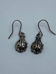 Ladybug Dangle Earrings, Silver Toned With Red And Clear Stones, 1/2-inch