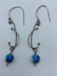 Vibrant Blue Art Glass Bead Sterling Silver Dangle Earrings, Unmarked, 2.5 Inches, 2.8g