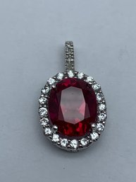 Beautiful Red Oval Cut Pendant With Small Clear Stone Border, Marked 925 RJW, 1/2 Inch, 2.7g