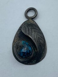 Pear-Shaped Vintage Southwestern Style Sterling Silver Charm W/Blue Turquoise, Black Matrix, 3/4-Inch,  1.8g