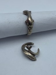 Fun Dolphin Motif Jewelry Set - Toe Ring And Ear Cuff, Marked 925, Toe Ring Size 3 Adjustable, 2.3g