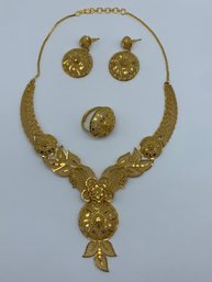 Incredible Diamond Cut Gold Toned Floral Design Fashion Jewelry Set- Necklace, Post Earrings,& Adjustable Ring