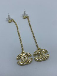 Two-Sided Gold Toned Drop Earrings With Designer Logo CC Coco Chanel, Rhinestones, 3.5 Inches