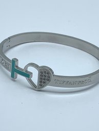 Hinged Silver Bangle Bracelet In The Style Of Tiffany And Co, Blue T, Clear Crystals,Roman Numerals X, XI, XII