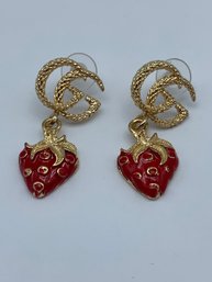 GG Gold Toned And Red Enamel Strawberry Post Back Dangle Earrings In The Style Of Gucci, 1.5 Inch