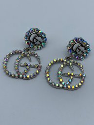 Iridescent Glimmering Rhinestone Fashion Post Back Earrings With GG Gucci Logo,  1.5 Inches