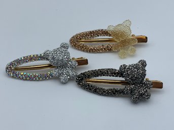 White, Gold & Black Rhinestone Barrettes With Bear Embellishments & Gold Clip, 2.5 Inch, Bear Is 1.25 Inches