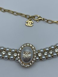 Faux Pearl And Rhinestone Choker Fashion Necklace With Chanel Logo And Charm, CC, 16 Inches