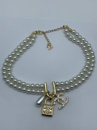 Double Strand Faux Pearl With Pendants And CC Coco Chanel Logos, Choker/Collar Style, 16 Inches W/extension