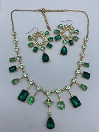 Pretty Shades Of Emerald And Mint Green Stones In Gold Tone Setting, Sparkling Earring And Necklace Set