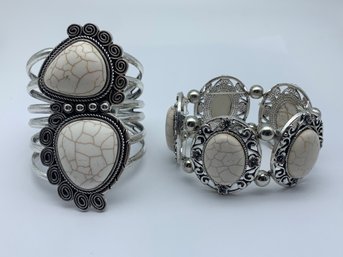 Two Silver Toned Bracelets  With Unique White Stones With Brown Veining, Hing Cuff And Elastic Style