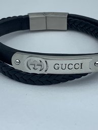 Leather Double-stranded Bracelet With Puzzle-Piece Magnetic Clasp And Raised Gucci Emblem/logo, 8 Inches