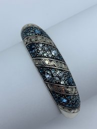 Brighton Blue And Clear Mosaic Rhinestone Hinge-Cuff Bracelet, Minor Wear/tarnish Around Bracelet