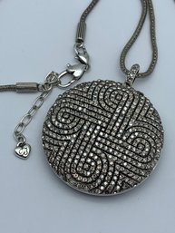 Lovely Ornate Silver Toned BRIGHTON Reversible Rhinestone 2-inch Pendant On Tube-like Link 37-inch Necklace