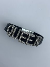 QUEEN Triple-Strand Leather Bracelet With Chrome Silver Magnetic Clasp And Sliding Letter Charms, 7.5 Inches