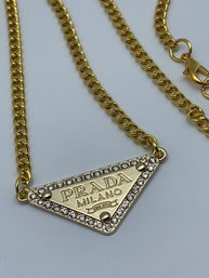 Fashion Necklace, Gold Toned Chain And Rhinestone Bordered Triangle With Prada Milano Markings, 19 Inches