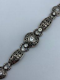 BRIGHTON Silver Link Bracelet, Filigree Pattern And Rhinestones, Decorated Both Sides, Heart Clasp, 8 Inches