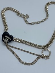 Chanel-Style Curb Link Necklace With Designer Markings And Logo Charm, Silver Toned With Rhinestone Accents