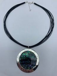 Swirled Abalone  2.5 Inch Pendant, Silver Toned Filigree-back Setting, Multi-strand 17-inch Leather Necklace