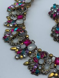 Stunning Vintage Statement Earrings And Necklace Set, Multicolor Crystals And Rhinestones, Gold Toned Setting