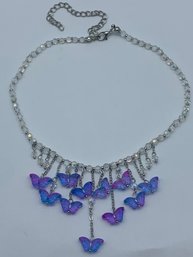 Dichromic Blue & Purple Hue Butterfly Pendants On Silver Toned AB Crystal Choker, 13 Inches  4-inch Extension