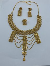 Bib-Style Gold Toned Diamond Cut Necklace With Matching Pendant Post-back Earrings And Adjustable Ring