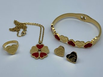 Red Rhinestone Hearts & Gold Toned Fashion Jewelry Set, In The Style Of Return To Tiffany & Co.