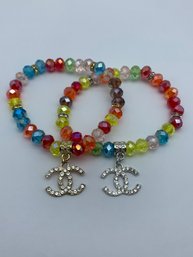 Rainbow Faceted Bead Stretch Bracelets And Crystal Adorned Designer Charms, CC, Coco Chanel Fashion Bracelets