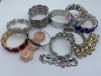 Lot Of Bracelets In A Variety Of Styles And Tones, AB Rhinestones,Cityscape, Stretch Band And Clasp Closures