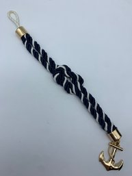 GV9 Navy Blue And White Nautical Rope Anchor Bracelet Gold Toned, 7 Inches