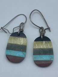 Unique Color Block Carved Stone Oval Dangle Earrings, Turquoise ,Onyx, And More, 5/8 Inch