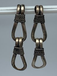 Vintage Sterling Post Earrings, Double Loops With Wrapped Rope Design, Marked 925 Mexico, 2.25 Inches, 13g