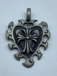 Vintage Silver Heart Cross Pendant With Tribal Design Edges, Marked To 925,  1 Inch, 4g