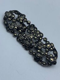 Beautiful Old Victorian Style Oblong Floral Design Marcasite Brooch, Pin Marked Sterling, 2 Inch, 7.1g